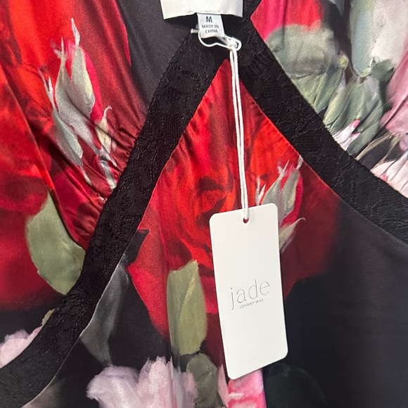 NWT JOHNNY WAS RED & BLACK FLORAL SILK BLEND 
SLIP MIDI DRESS - Picture 4 of 10